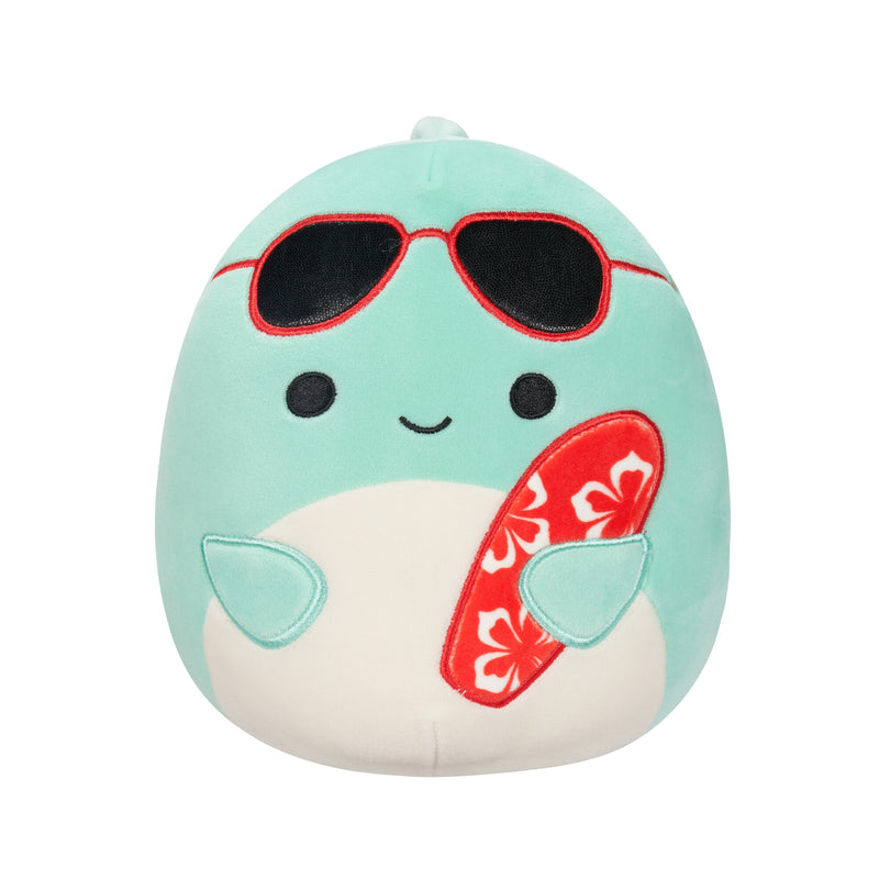 Squishmallows 20 cm - Perry a zöldeskék delfin, napszemüveggel és szörfdeszkával