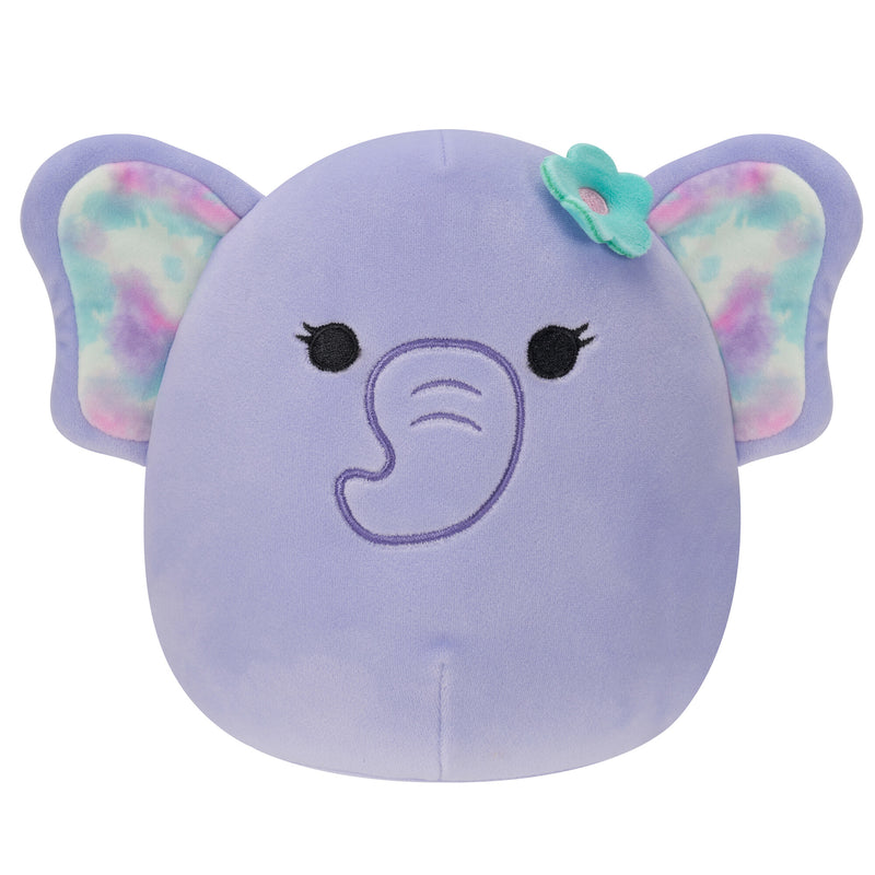 Squishmallows 20 cm - Anjali a lila elefánt virágos kitűzővel